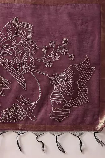 Purple floral cotton blend festive saree with blouse piece