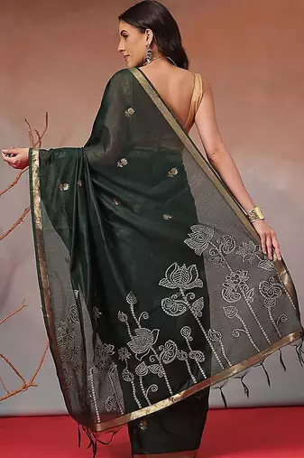 Green floral cotton blend festive saree with blouse piece