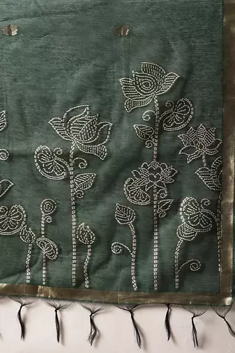 Green floral cotton blend festive saree with blouse piece