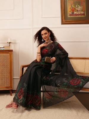 Black printed cotton blend ethnic saree with blouse piece 1