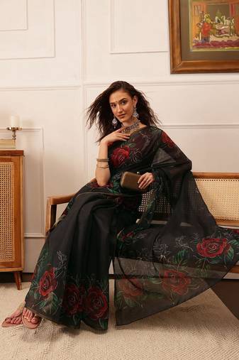 Black printed cotton blend ethnic saree with blouse piece
