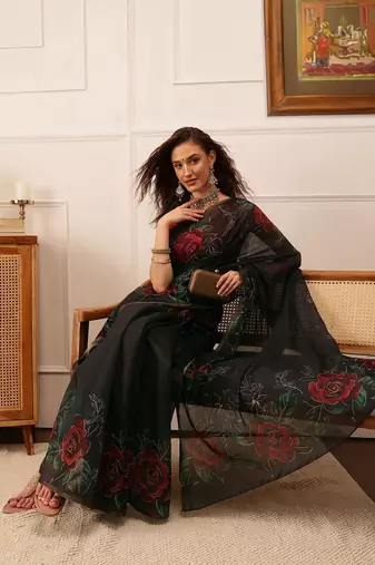 Black printed cotton blend ethnic saree with blouse piece