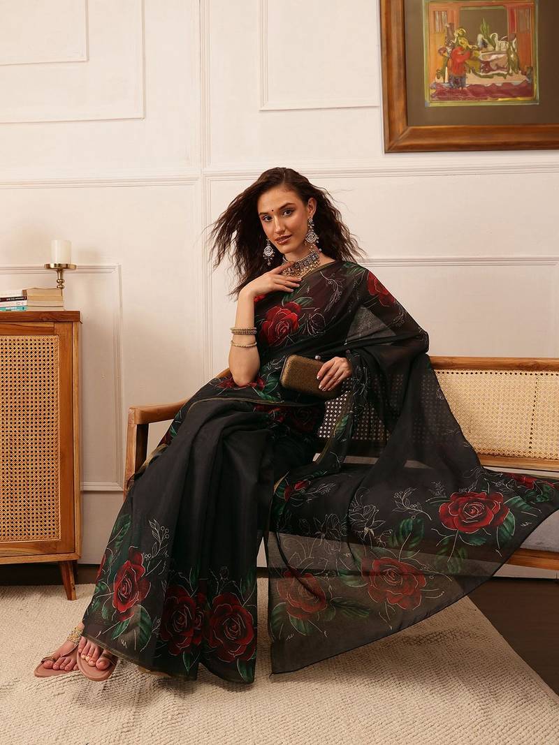 Black printed cotton blend ethnic saree with blouse piece