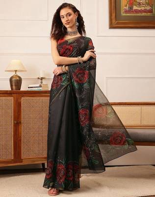 Black printed cotton blend ethnic saree with blouse piece 2