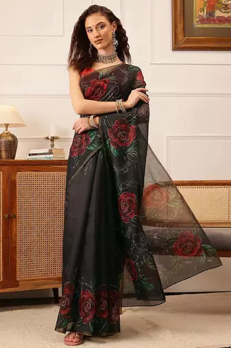 Black printed cotton blend ethnic saree with blouse piece