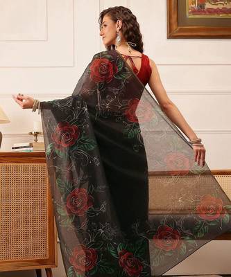 Black printed cotton blend ethnic saree with blouse piece 3