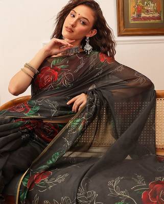 Black printed cotton blend ethnic saree with blouse piece 4