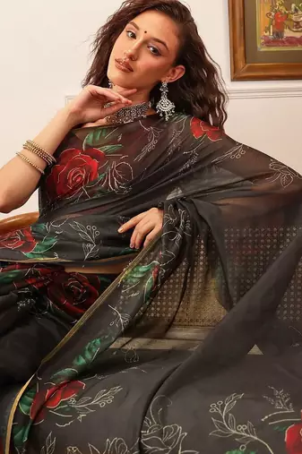 Black printed cotton blend ethnic saree with blouse piece