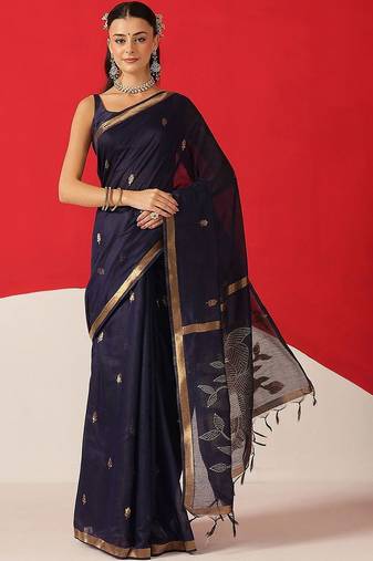 Navy blue floral cotton blend festive saree with blouse piece