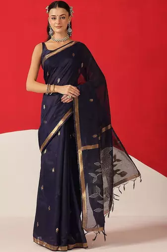 Navy blue floral cotton blend festive saree with blouse piece