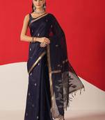 Navy blue floral cotton blend festive saree with blouse piece