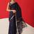 Navy blue floral cotton blend festive saree with blouse piece