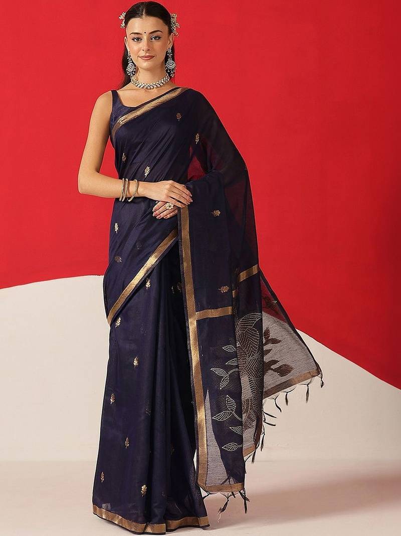 Navy blue floral cotton blend festive saree with blouse piece