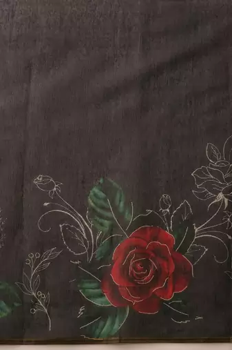 Black printed cotton blend ethnic saree with blouse piece