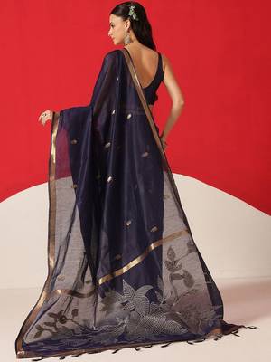 Navy blue floral cotton blend festive saree with blouse piece 2
