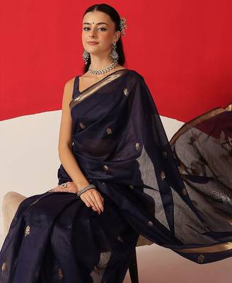 Navy blue floral cotton blend festive saree with blouse piece 3