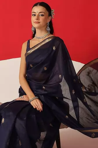 Navy blue floral cotton blend festive saree with blouse piece