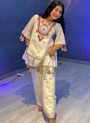 off white pure khadi cotton ethnic wear set with embroidery sequence work with real mirror work - designer party wear 2
