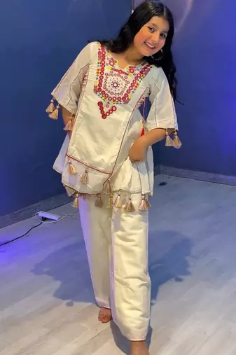 off white pure khadi cotton ethnic wear set with embroidery sequence work with real mirror work - designer party wear