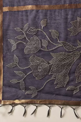 Navy blue floral cotton blend festive saree with blouse piece