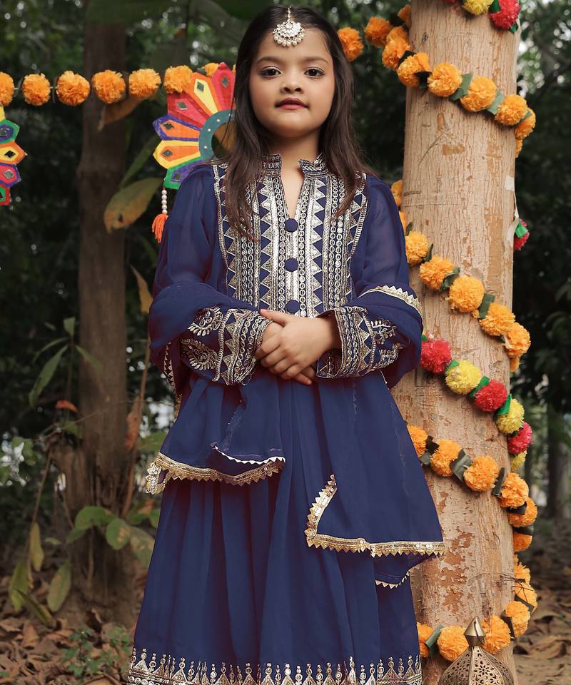 navy blue  heavy fox georgette gown set with sequence embroidery work - designer party wear