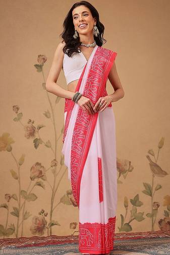 Pink bandhani printed georgette traditional saree with blouse piece