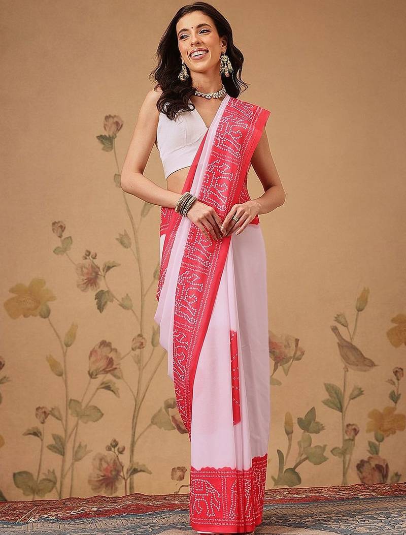 Pink bandhani printed georgette traditional saree with blouse piece