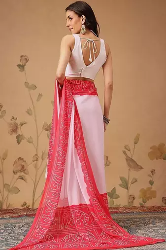 Pink bandhani printed georgette traditional saree with blouse piece