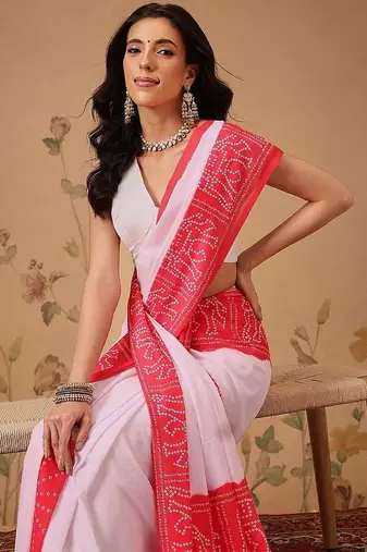 Pink bandhani printed georgette traditional saree with blouse piece