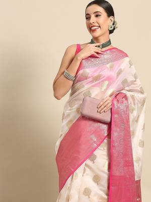 White woven cotton blend traditional saree with blouse piece 1