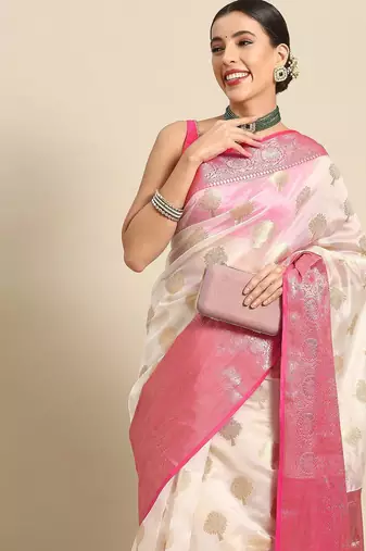 White woven cotton blend traditional saree with blouse piece