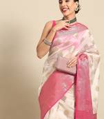 White woven cotton blend traditional saree with blouse piece
