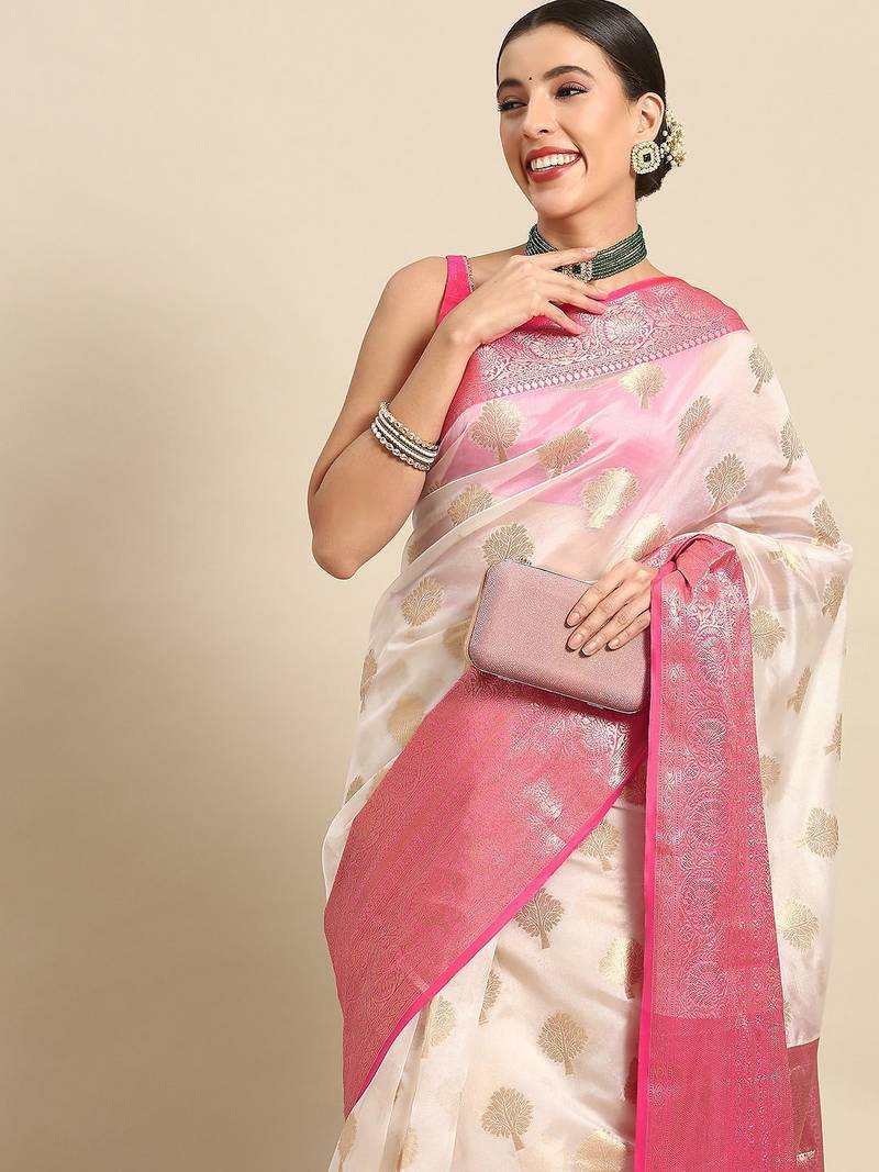 White woven cotton blend traditional saree with blouse piece