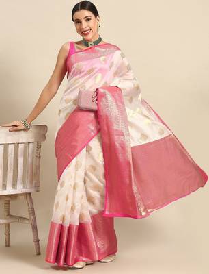 White woven cotton blend traditional saree with blouse piece 2
