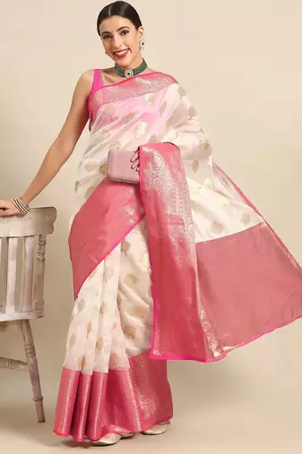 White woven cotton blend traditional saree with blouse piece