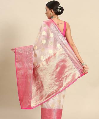White woven cotton blend traditional saree with blouse piece 3