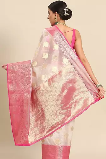 White woven cotton blend traditional saree with blouse piece