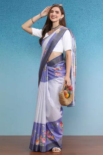 Blue printed silk blend ethnic saree with blouse piece