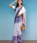 Blue printed silk blend ethnic saree with blouse piece