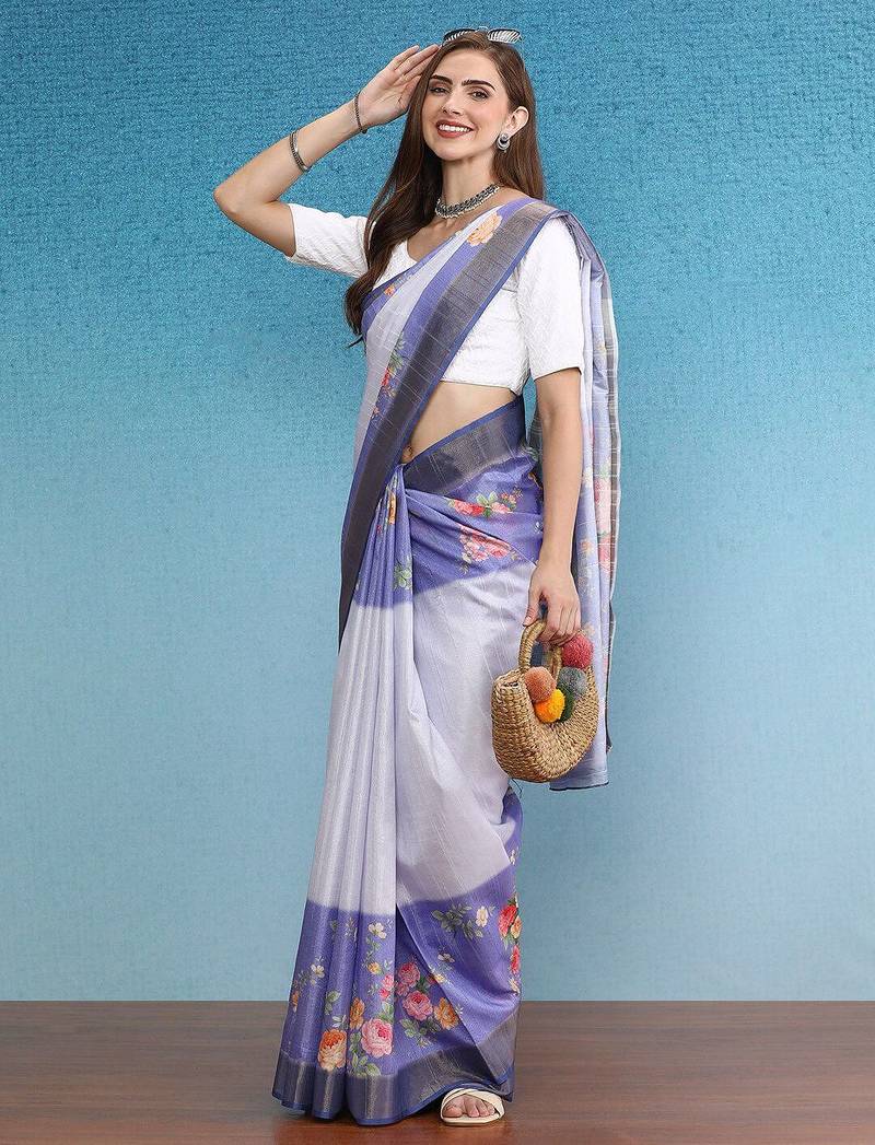 Blue printed silk blend ethnic saree with blouse piece