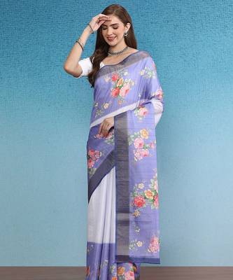 Blue printed silk blend ethnic saree with blouse piece 2