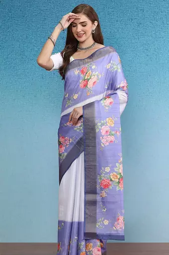 Blue printed silk blend ethnic saree with blouse piece