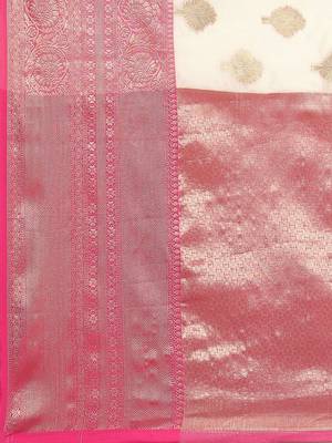 White woven cotton blend traditional saree with blouse piece 5