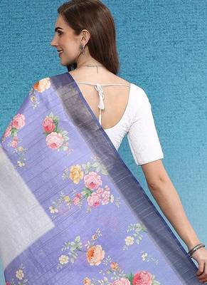 Blue printed silk blend ethnic saree with blouse piece 3