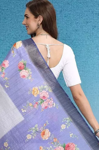 Blue printed silk blend ethnic saree with blouse piece