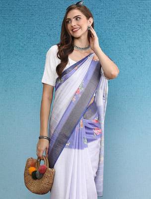 Blue printed silk blend ethnic saree with blouse piece 4