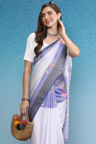 Blue printed silk blend ethnic saree with blouse piece