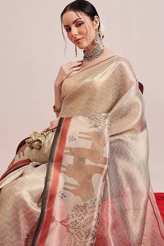 Beige printed silk cotton ethnic saree with blouse piece