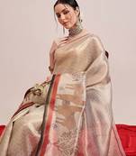 Beige printed silk cotton ethnic saree with blouse piece