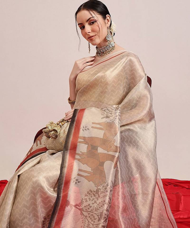 Beige printed silk cotton ethnic saree with blouse piece